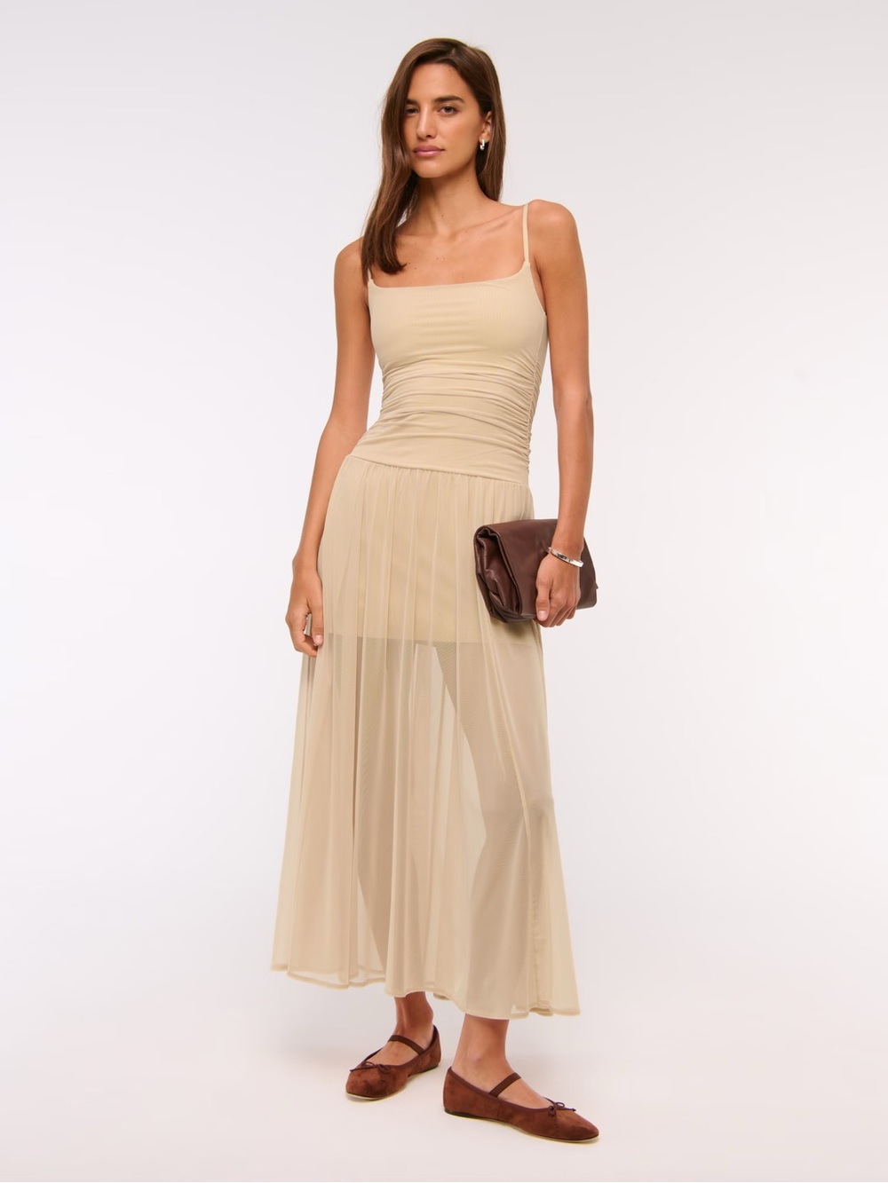 Abercrombie & Fitch Beige Sheer Maxi Dress with Spaghetti Straps